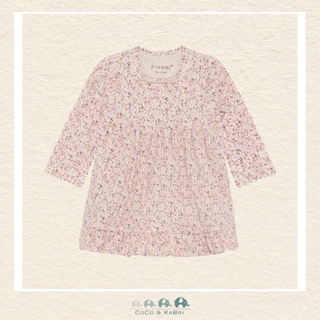 Front view of the Fixoni Baby Girl Body Dress in Pale Lilac featuring the charming integrated skirt, sweet gathered waist, and soft long sleeves