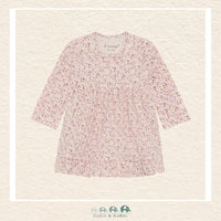 Front view of the Fixoni Baby Girl Body Dress in Pale Lilac featuring the charming integrated skirt, sweet gathered waist, and soft long sleeves