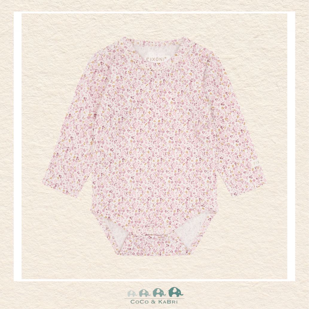 Front view of the Fixoni baby girl long sleeve diaper shirt in a soft pale lilac color featuring a clean, minimalist design and high-quality snap closures