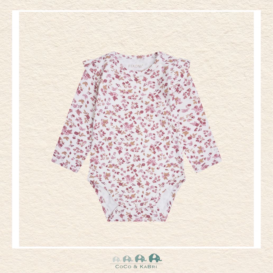 Front view of the Fixoni baby girl long sleeve diaper shirt featuring a delicate all-over floral print and high-quality snap closures