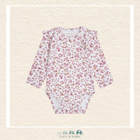 Front view of the Fixoni baby girl long sleeve diaper shirt featuring a delicate all-over floral print and high-quality snap closures