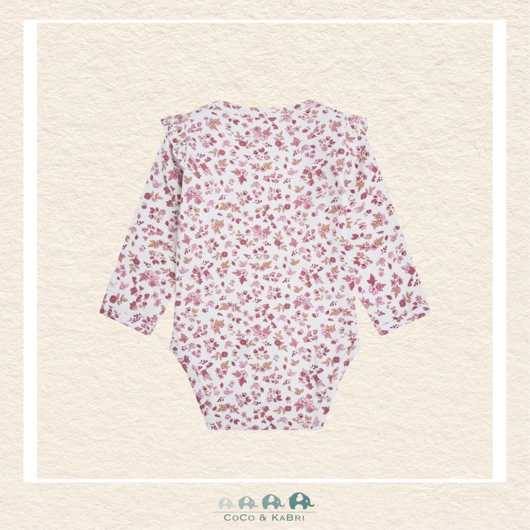 Back view of the Fixoni long sleeve diaper shirt showing the clean, seamless finish and the consistent floral pattern across the soft fabric