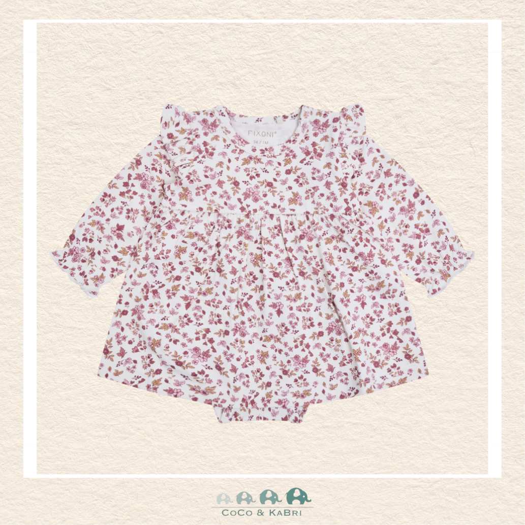 Front view of the Fixoni Baby Girl Floral Dress in Nostalgia Rose featuring a delicate vintage-inspired pattern and a soft knit bodice