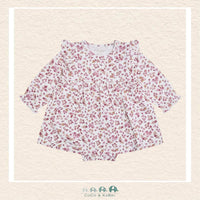 Front view of the Fixoni Baby Girl Floral Dress in Nostalgia Rose featuring a delicate vintage-inspired pattern and a soft knit bodice