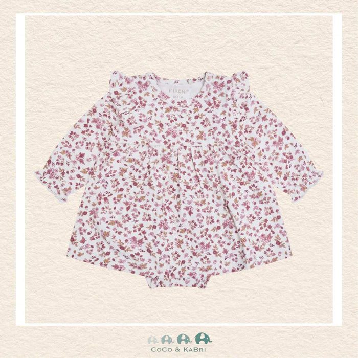Front view of the Fixoni Baby Girl Floral Dress in Nostalgia Rose featuring a delicate vintage-inspired pattern and a soft knit bodice