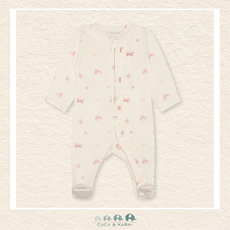 Front view of the Fixoni Baby Girl Flutter Sleeper featuring a whimsical design with delicate flutter accents and a convenient full-length closure