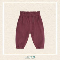 Front view of the Fixoni baby girl woven pants in Crushed Berry featuring a comfortable elastic waistband and a sophisticated, slightly structured silhouette
