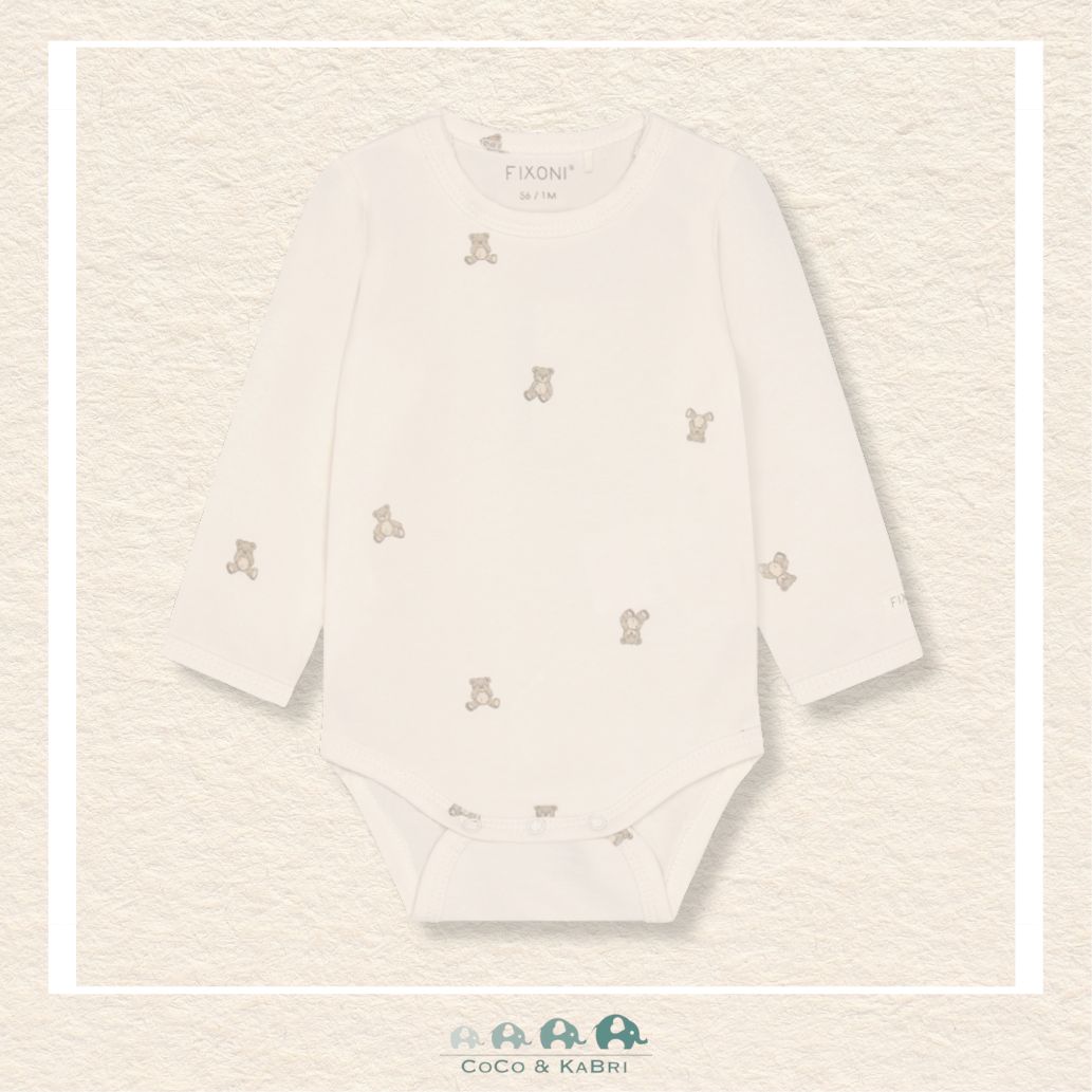 Front view of the Fixoni Teddy Bear Diaper Shirt in a luxurious neutral knit featuring a charming teddy bear motif and a comfortable envelope neckline