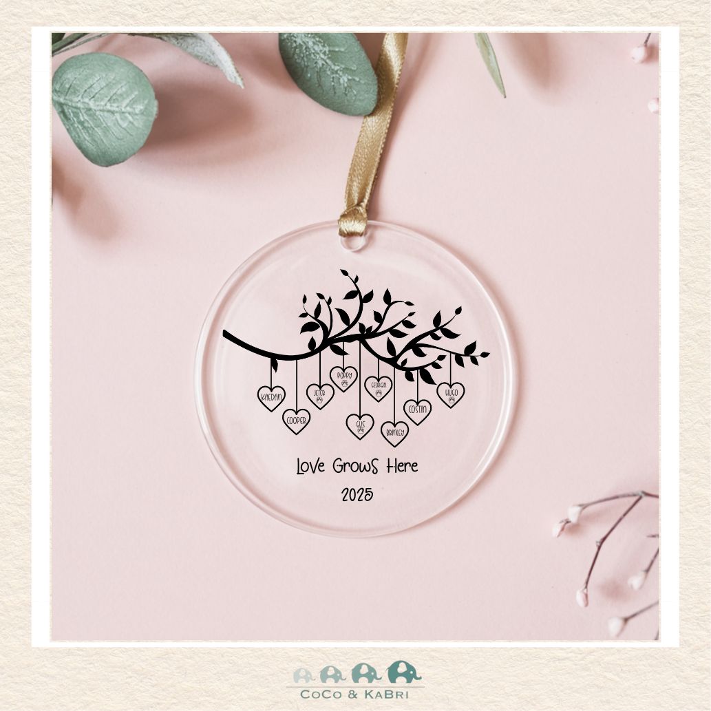 Glass Ornament - Family Tree Love Grows Here (3 - 9 Names) (Made To Order), CoCo & KaBri Children's Boutique