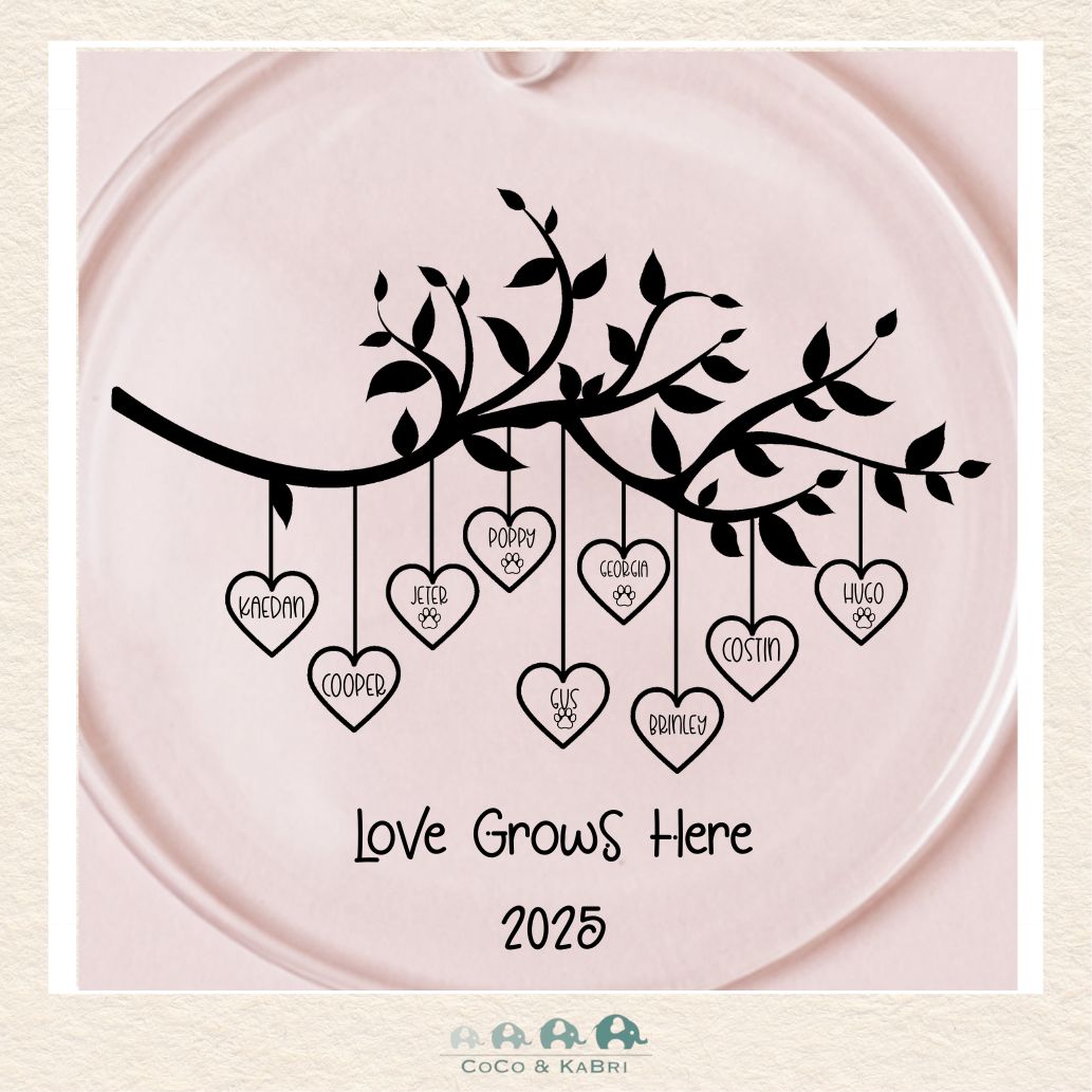Glass Ornament - Family Tree Love Grows Here (3 - 9 Names) (Made To Order), CoCo & KaBri Children's Boutique