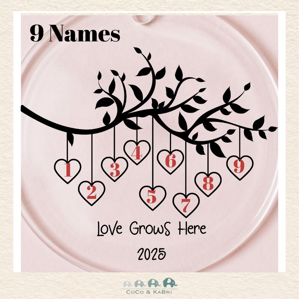 Glass Ornament - Family Tree Love Grows Here (3 - 9 Names) (Made To Order), CoCo & KaBri Children's Boutique
