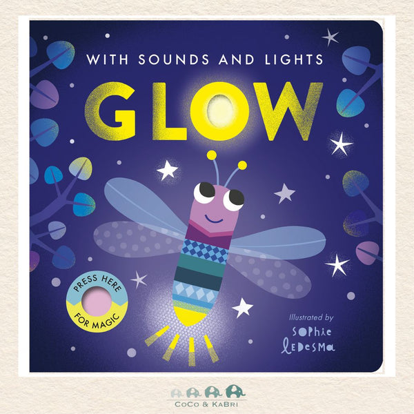 Glow board book featuring a friendly firefly in a magical nighttime landscape with a large button for activating light and sound effects