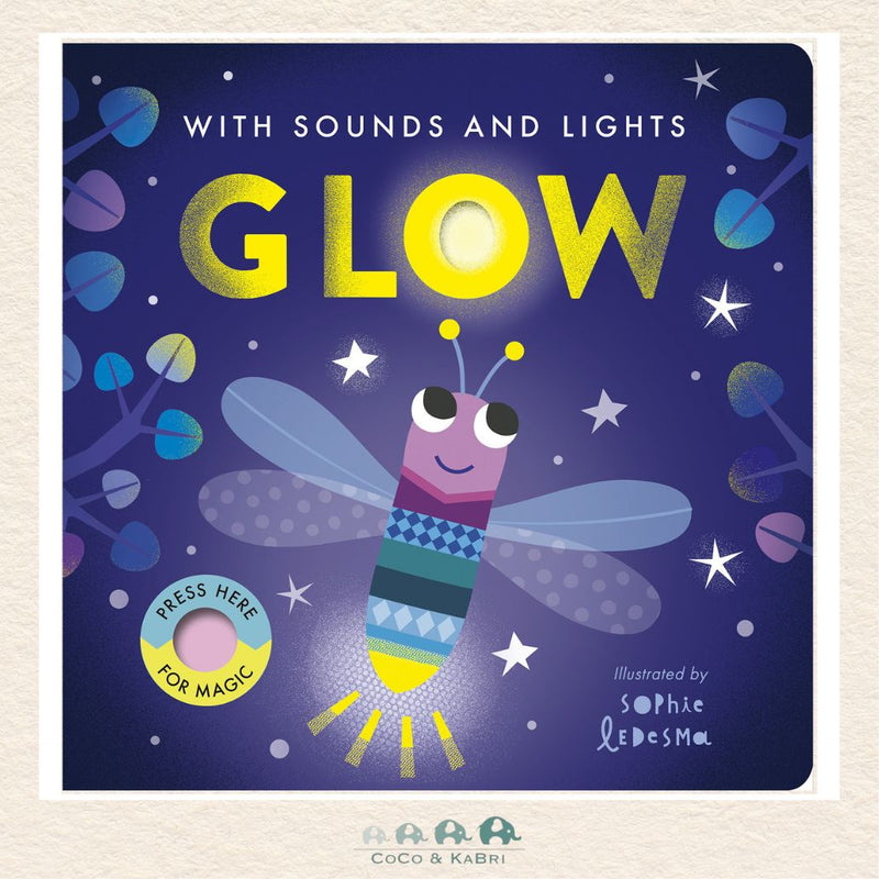 Glow board book featuring a friendly firefly in a magical nighttime landscape with a large button for activating light and sound effects