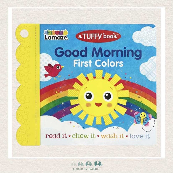 Good Morning Tuffy Book cover featuring a bright sun and colorful farm animals with a built-in corner teether