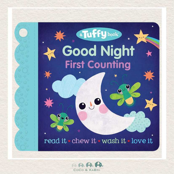 Good Night Tuffy Book cover featuring a sleepy moon and forest animals with a built-in corner teether