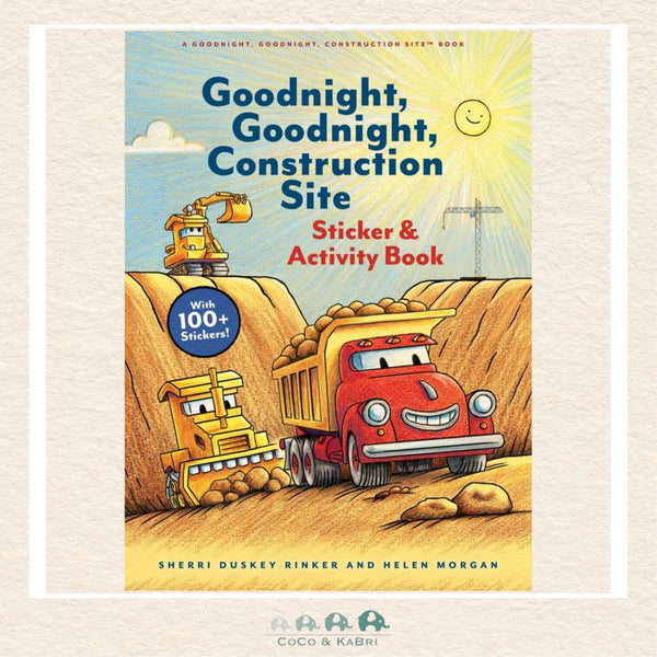 Goodnight, Goodnight, Construction Site sticker and activity book featuring Crane Truck, Excavator, and Cement Mixer with puzzles and games