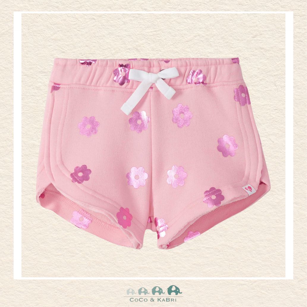 Front view of the Hatley Girls' Pull-On Shorts featuring a vibrant all-over blossom print and a comfortable elasticized waistband with a decorative drawstring