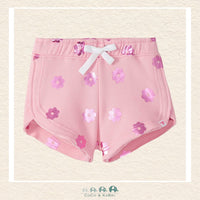 Front view of the Hatley Girls' Pull-On Shorts featuring a vibrant all-over blossom print and a comfortable elasticized waistband with a decorative drawstring