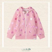 Front view of the Hatley Girls' Blossom Hoodie featuring a vibrant, multi-tonal floral graphic and a trendy raw-edge hemline