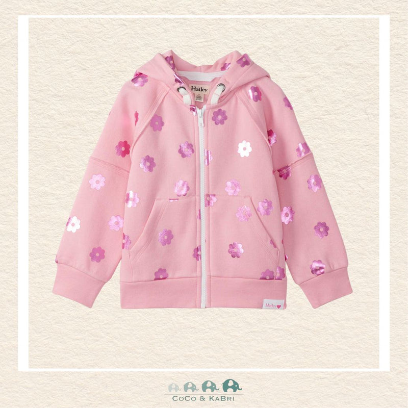 Front view of the Hatley Girls' Blossom Hoodie featuring a vibrant, multi-tonal floral graphic and a trendy raw-edge hemline