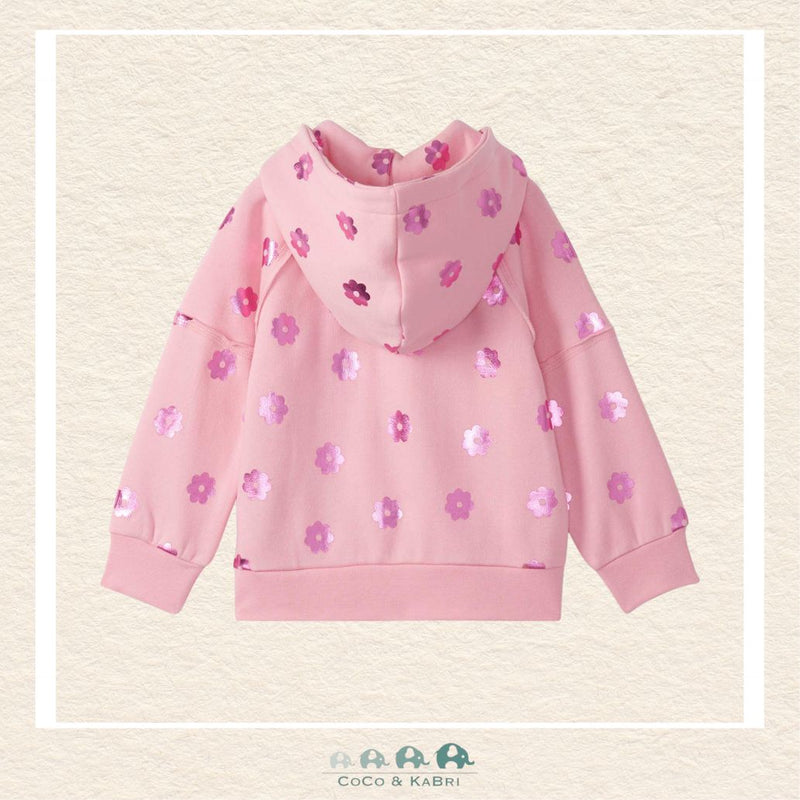 Back view of the Hatley Girls' Floral Hoodie showing the cozy hood construction and the clean, professional double-stitched seams