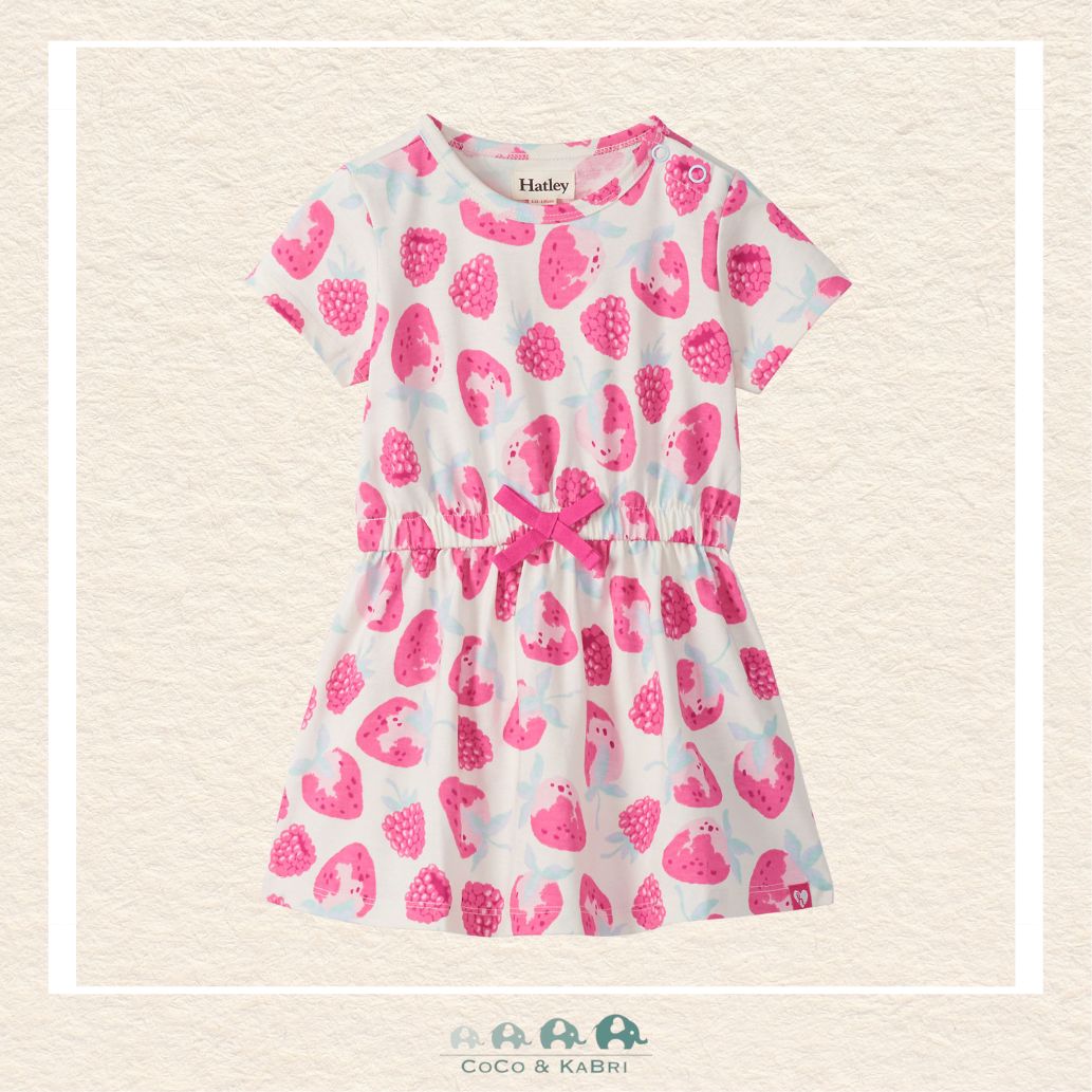 Front view of the Hatley Girls' Short Sleeve Dress featuring a vibrant all-over "Delicious Berries" print on a soft, comfortable fabric