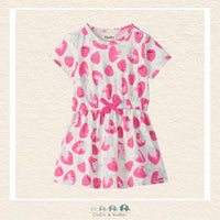 Front view of the Hatley Girls' Short Sleeve Dress featuring a vibrant all-over "Delicious Berries" print on a soft, comfortable fabric