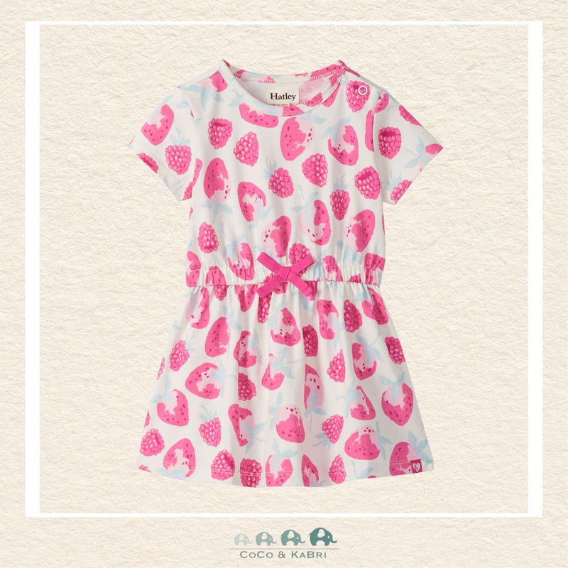 Front view of the Hatley Girls' Short Sleeve Dress featuring a vibrant all-over "Delicious Berries" print on a soft, comfortable fabric