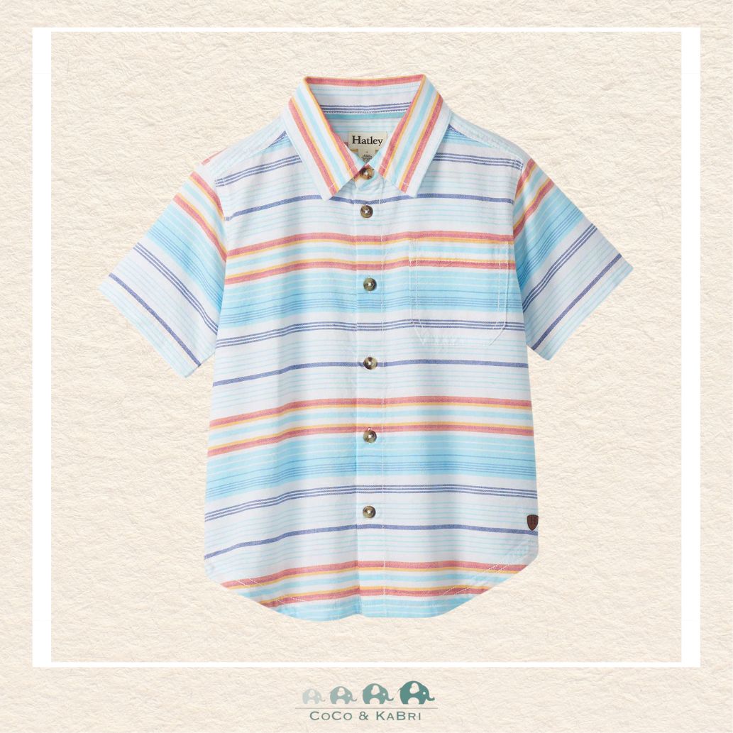 Front view of the Hatley Boys' Button Down Shirt featuring a vibrant sunset stripe pattern in warm tones with a classic collar and front pocket