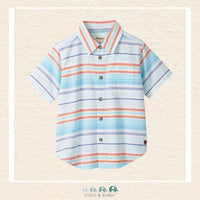 Front view of the Hatley Boys' Button Down Shirt featuring a vibrant sunset stripe pattern in warm tones with a classic collar and front pocket