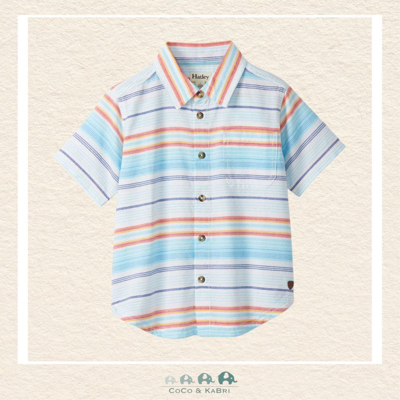 Front view of the Hatley Boys' Button Down Shirt featuring a vibrant sunset stripe pattern in warm tones with a classic collar and front pocket