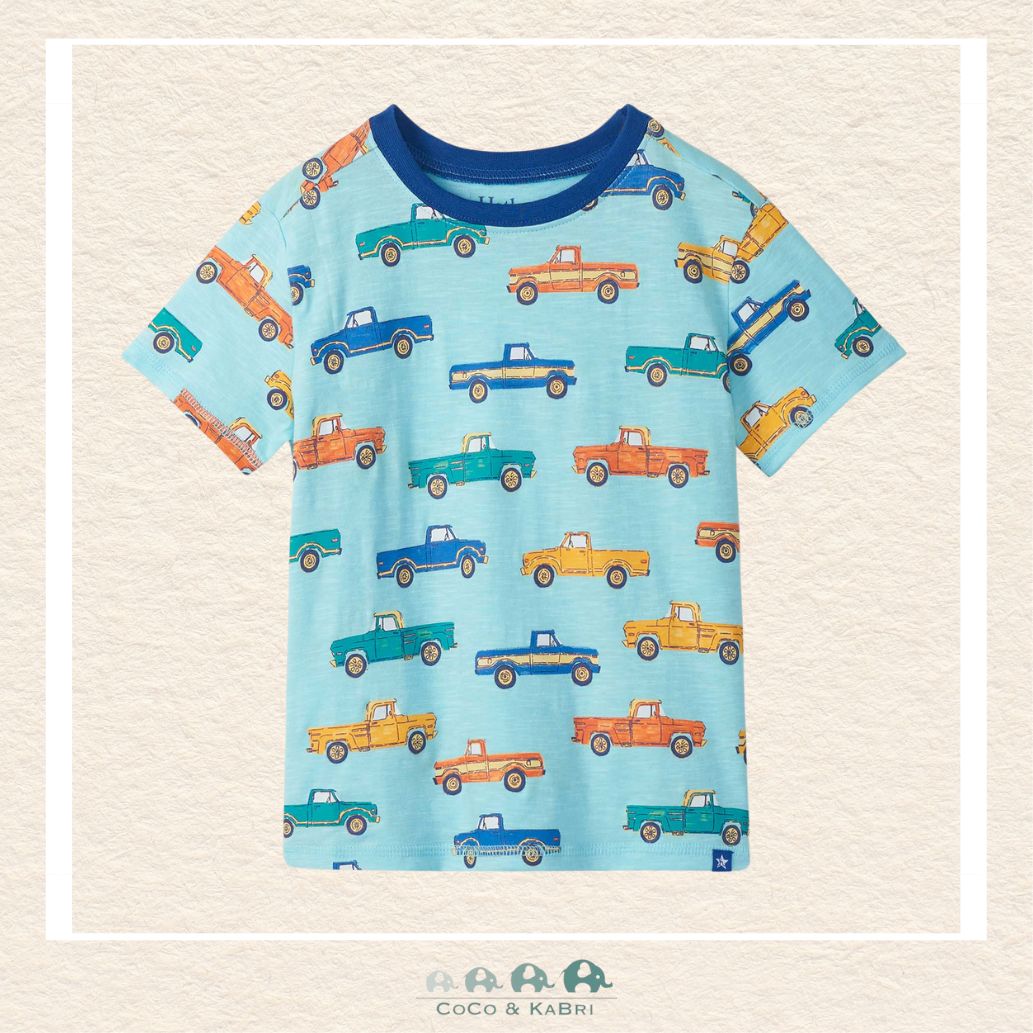 Front view of the Hatley Boys' Graphic Tee featuring a detailed and colorful truck illustration on a high-quality, comfortable fabric