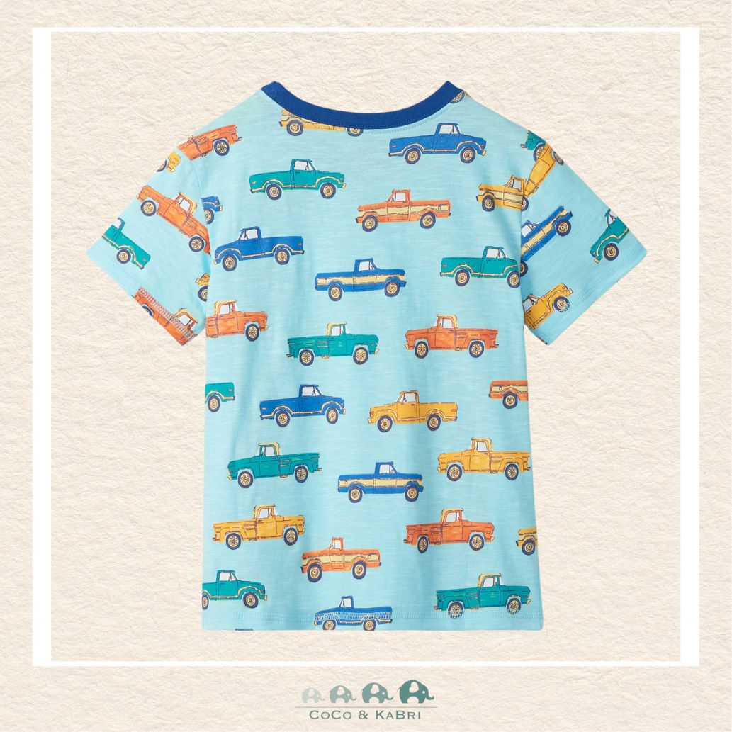 Back view of the Hatley Boys' Truck Tee showing the clean neckline finish and the professional, double-stitched hemline