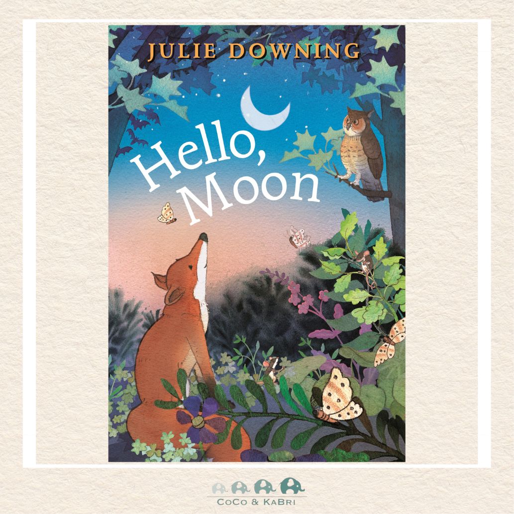 Hello, Moon board book featuring soft, dreamy illustrations of forest animals like a fox and an owl under a glowing full moon in a nighttime woodland setting