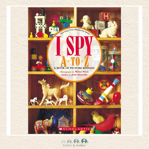 Book cover of 'I SPY A to Z' with toy shelves and colorful toys on a beige background