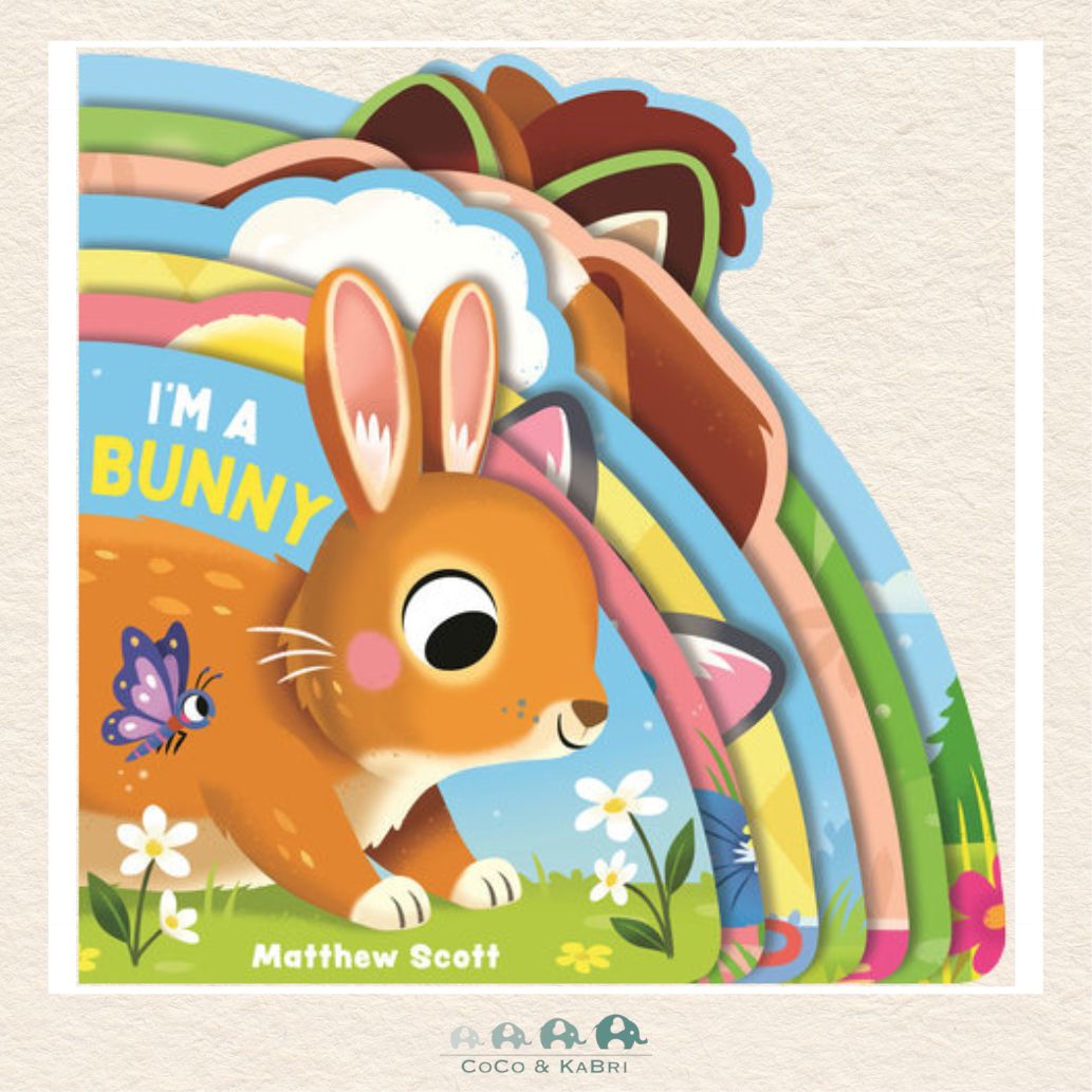 I’m a Bunny shaped board book by Carly Blake featuring a colorful cover illustration of a friendly yellow bunny on a bright outdoor background