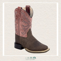 Front view of the Jama Old West Cowboy Boots featuring a rugged Dark Brown Bull Hide Print leather foot, a broad square toe, and a charming Light Pink leather shaft