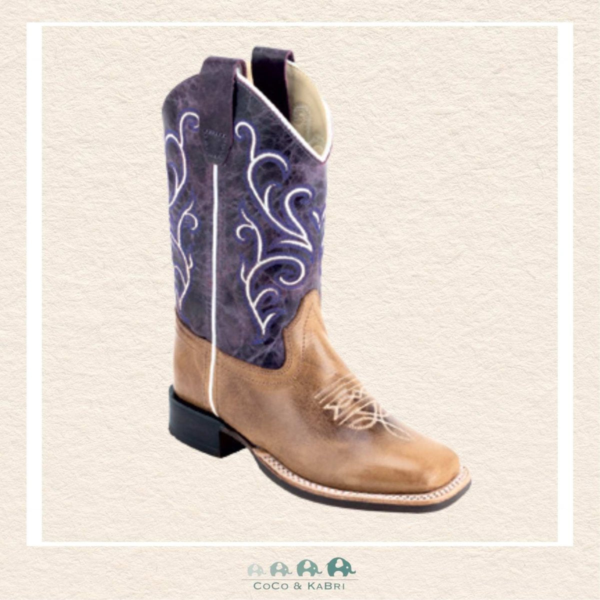 Front view of the Jama Old West Purple Cowboy Boots featuring a vibrant purple leather shaft, a classic leather foot, and a broad square toe