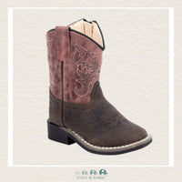 Front view of the Jama Old West Cowboy Boots featuring a rugged Dark Brown Bull Hide Print leather foot, a broad square toe, and a charming Light Pink leather shaft