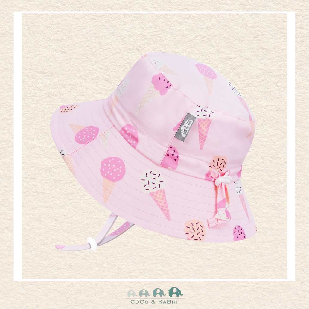 Jan & Jul Grow-With-Me Aqua-Dry bucket hat in Pink Ice Cream print featuring a quick-dry water-repellent fabric and adjustable toggles