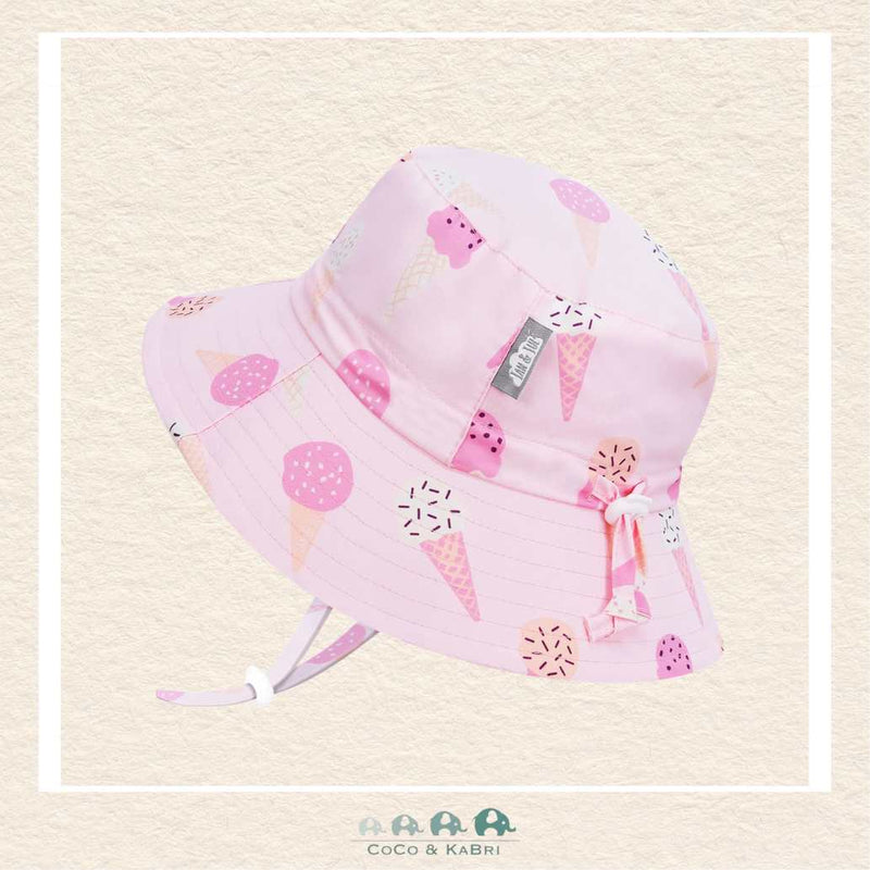 Jan & Jul Grow-With-Me Aqua-Dry bucket hat in Pink Ice Cream print featuring a quick-dry water-repellent fabric and adjustable toggles
