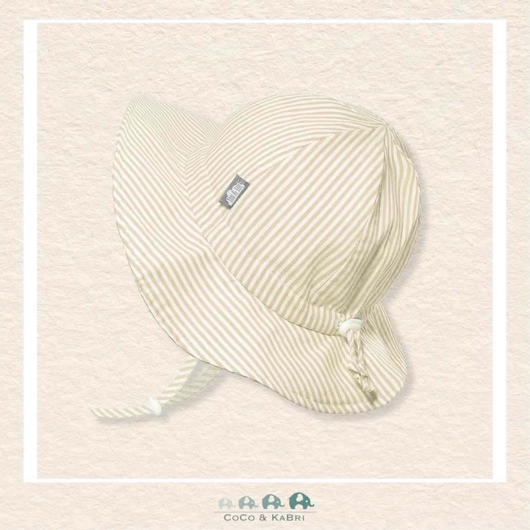 Jan & Jul Grow-With-Me cotton floppy sun hat in Beige Stripes featuring an adjustable head drawstring and chin strap