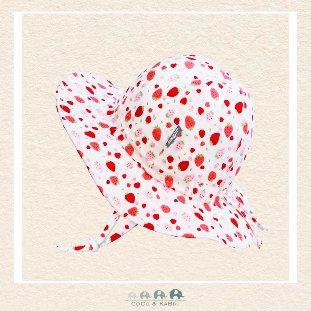Jan & Jul Grow-With-Me cotton floppy sun hat in a vibrant red strawberry print with adjustable head and chin toggles