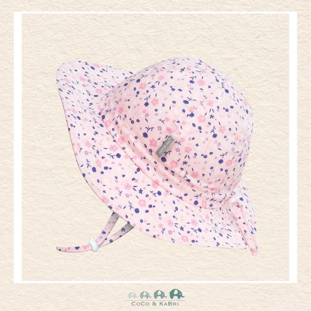 Jan & Jul Grow-With-Me Pink Blossom cotton floppy sun hat featuring an adjustable head drawstring and chin strap
