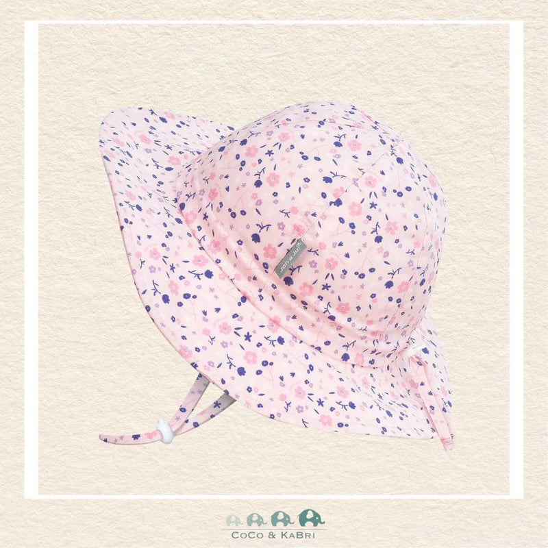 Jan & Jul Grow-With-Me Pink Blossom cotton floppy sun hat featuring an adjustable head drawstring and chin strap