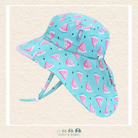 Front view of the Jan & Jul Watermelon Adventure Hat in Pale Blue featuring a wide protective brim and a vibrant pink watermelon print