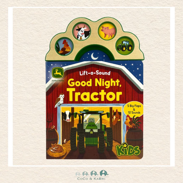 John Deere Kids Good Night Tractor board book featuring lift-the-flaps, 12 sound buttons, and a big green tractor on the farm