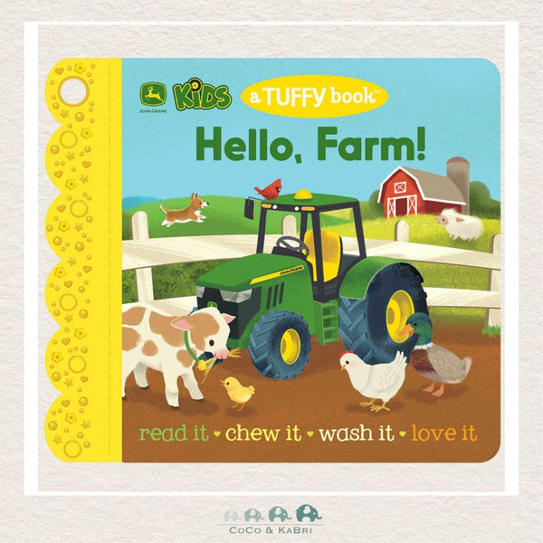 John Deere Kids Hello Farm Tuffy Book featuring a green tractor and a built-in corner teether for babies