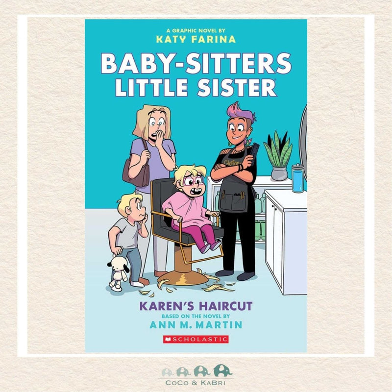 Karen's Haircut graphic novel cover by Katy Farina featuring Karen Brewer looking in the mirror at her new haircut