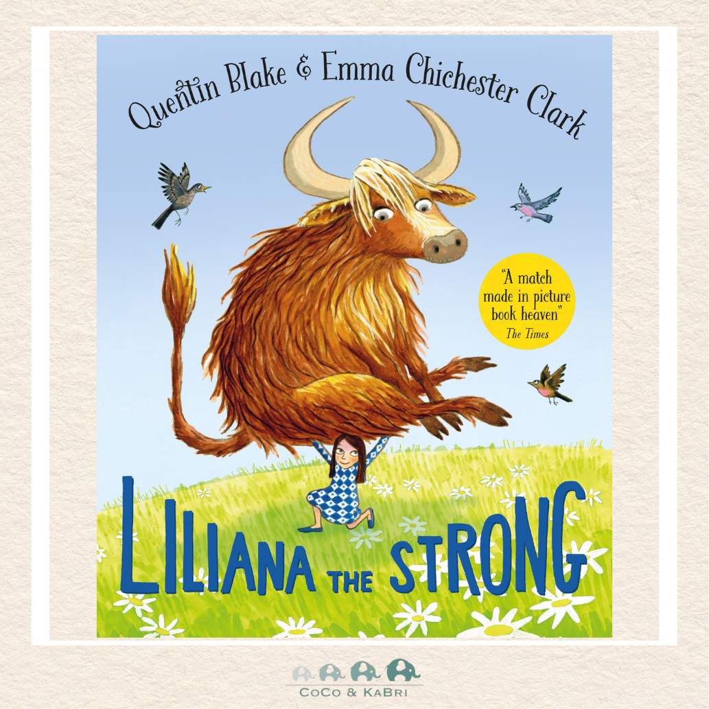 Book cover of 'Liliana the Strong' featuring a cartoon highladn cow and a girl in a field with birds.